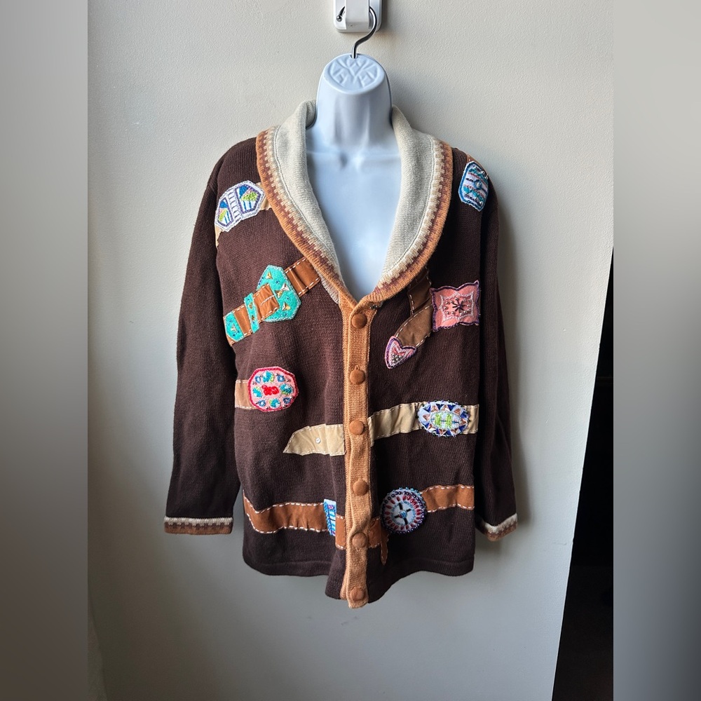 Storybook Knits Embellished Buckle Cardigan Brown Jewel Teacher Appliqué Size M